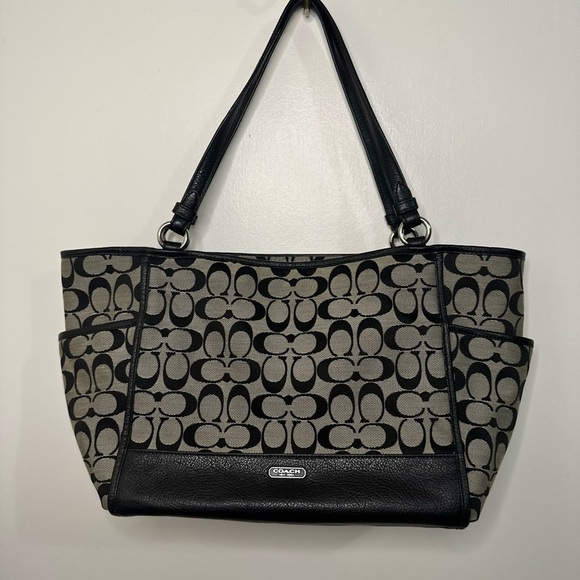 Coach Black & White Park Signature Carrie Leather Trim Tote Shoulder Bag - Picture 2 of 8
